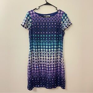 Boden Blue 100% Silk Shift Dress Size 8 Party Retro Short Funky Eclectic Sequins